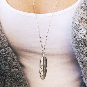 Long Boho Hippie Silver Feather Pendant Necklace